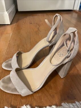 Vince Camuto Neutral Suede Block Heel Ankle-Strap Sandals